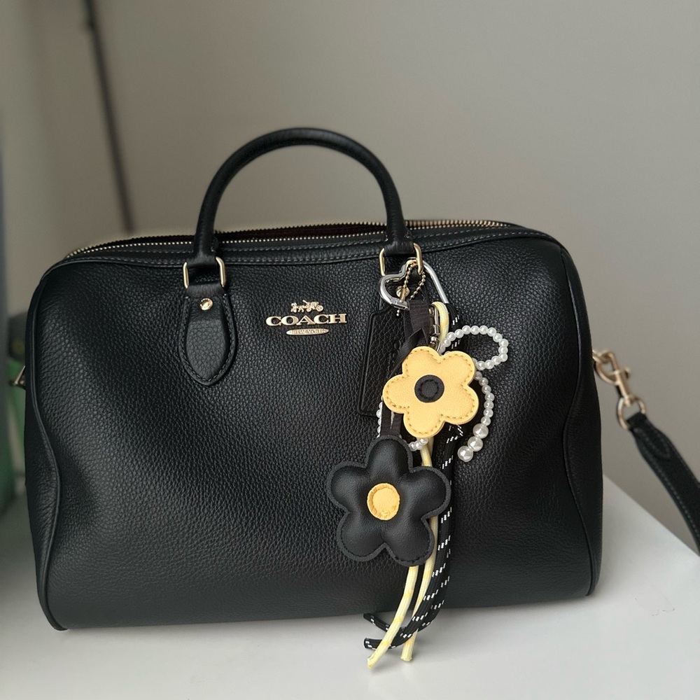 Coach Black Leather Bag with Yellow Floral Charm (New)